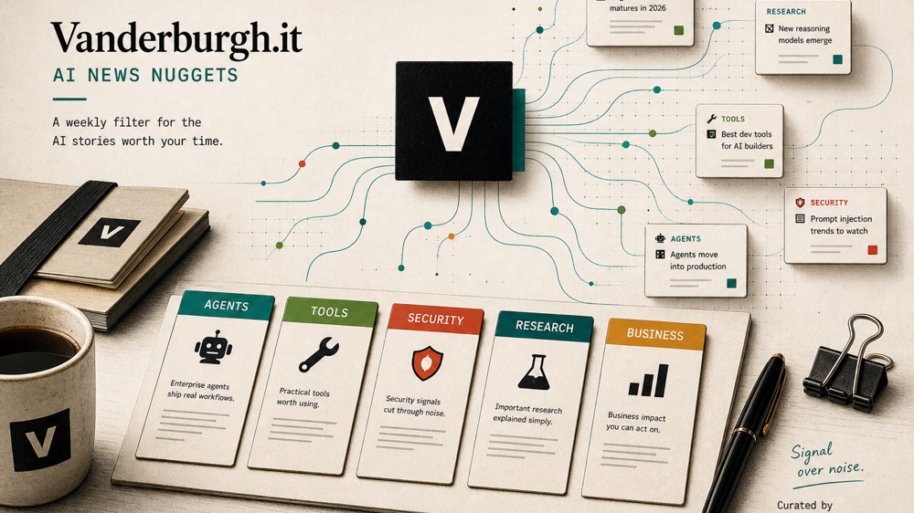 Signal Desk illustration with Vanderburgh.it article cards, category tabs, and AI signal lines.