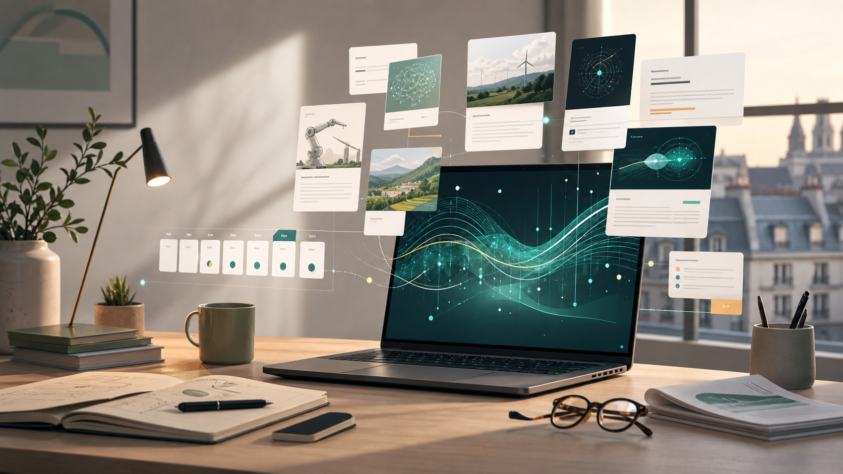 Editorial illustration of a weekly AI reading desk with article cards and signal streams.
