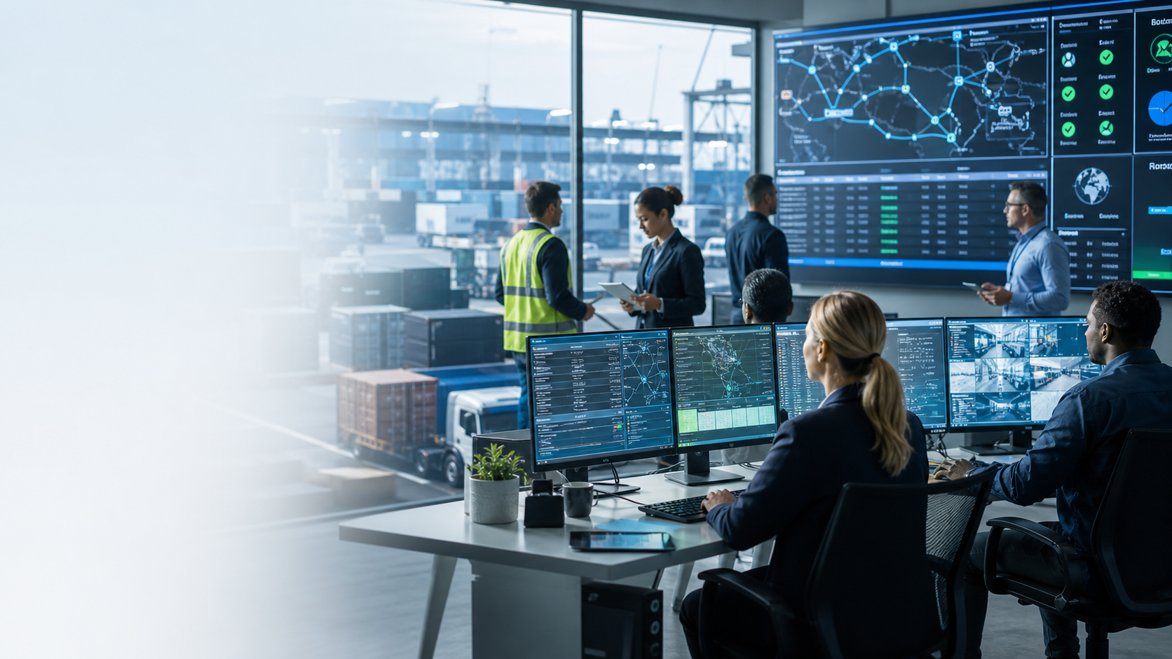 Modern logistics operations room overlooking warehouse and shipping activity
